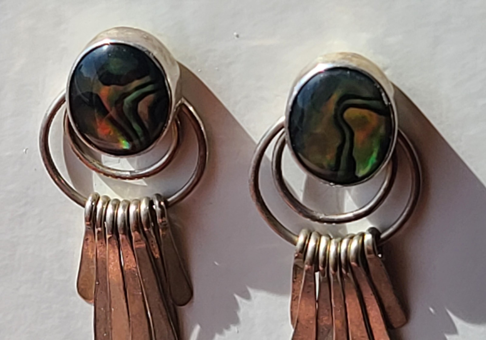 Vintage Sterling Silver Paua Shell Fan Dangle Stud Earrings Southwestern Style