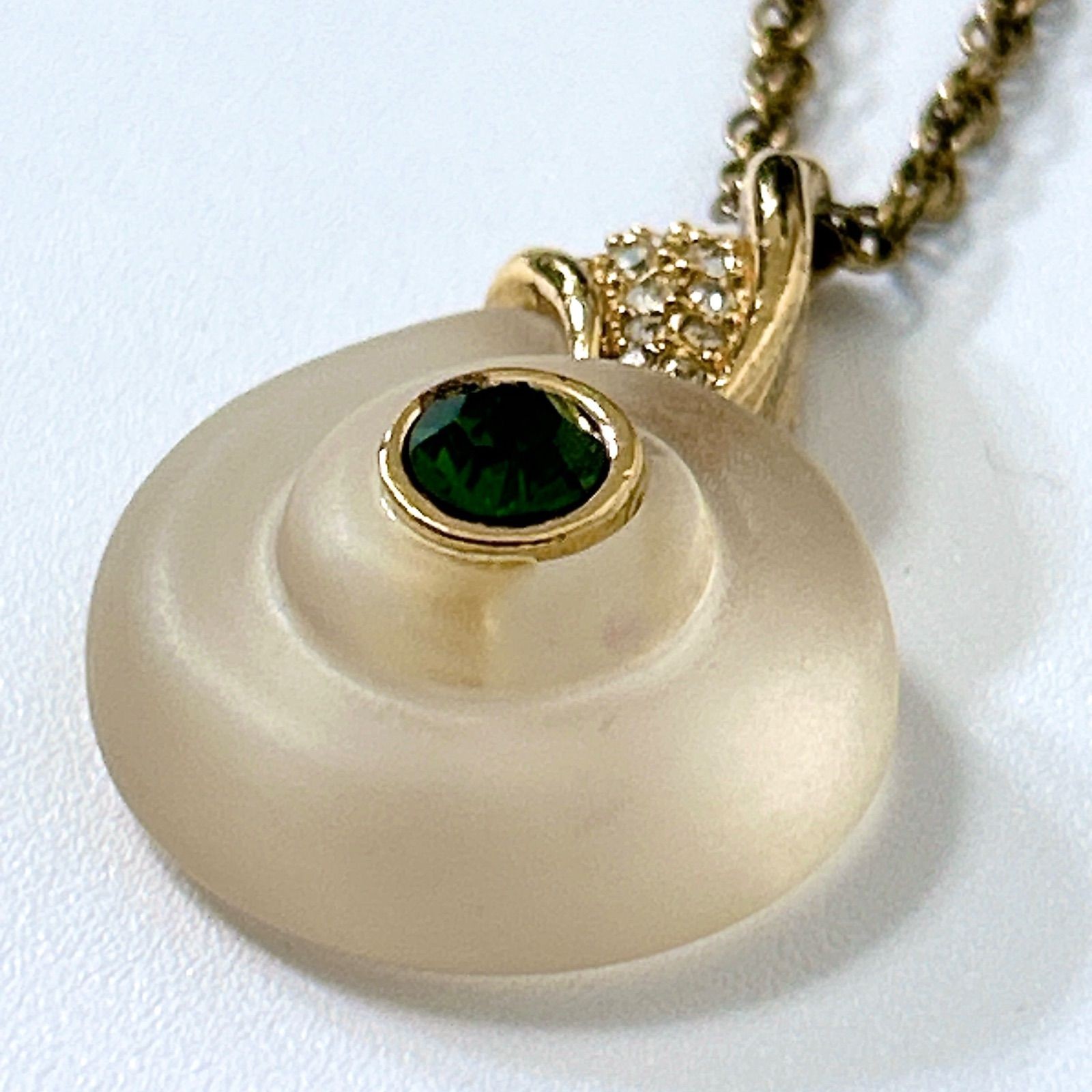 Givenchy Vintage Green Stone Snail Pendant CZ Necklace 45 to 52cm Auth
