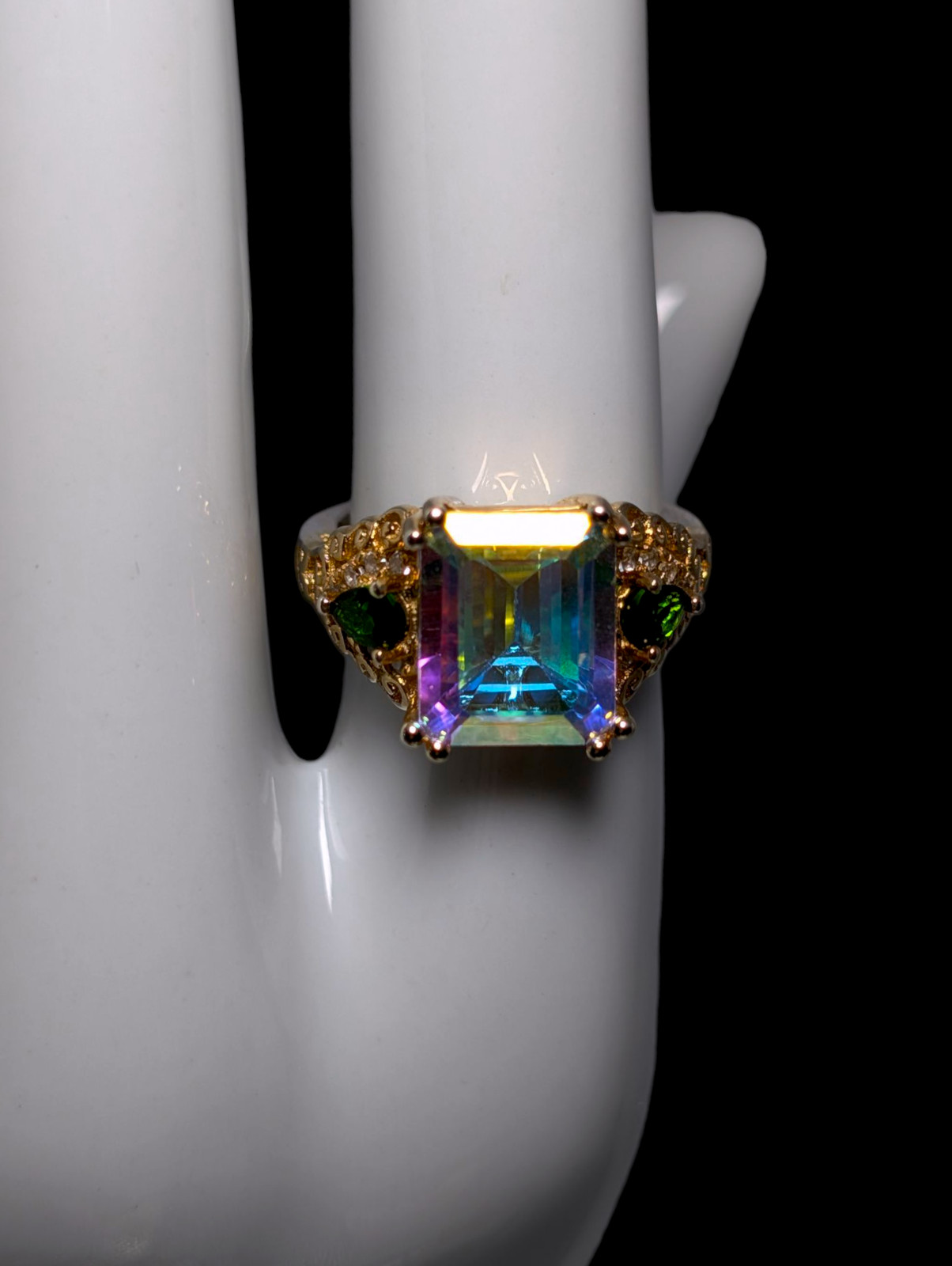 Vintage Emerald Cut Solitaire Genuine Mystic Topaz with Chrome Diopside and Zirc