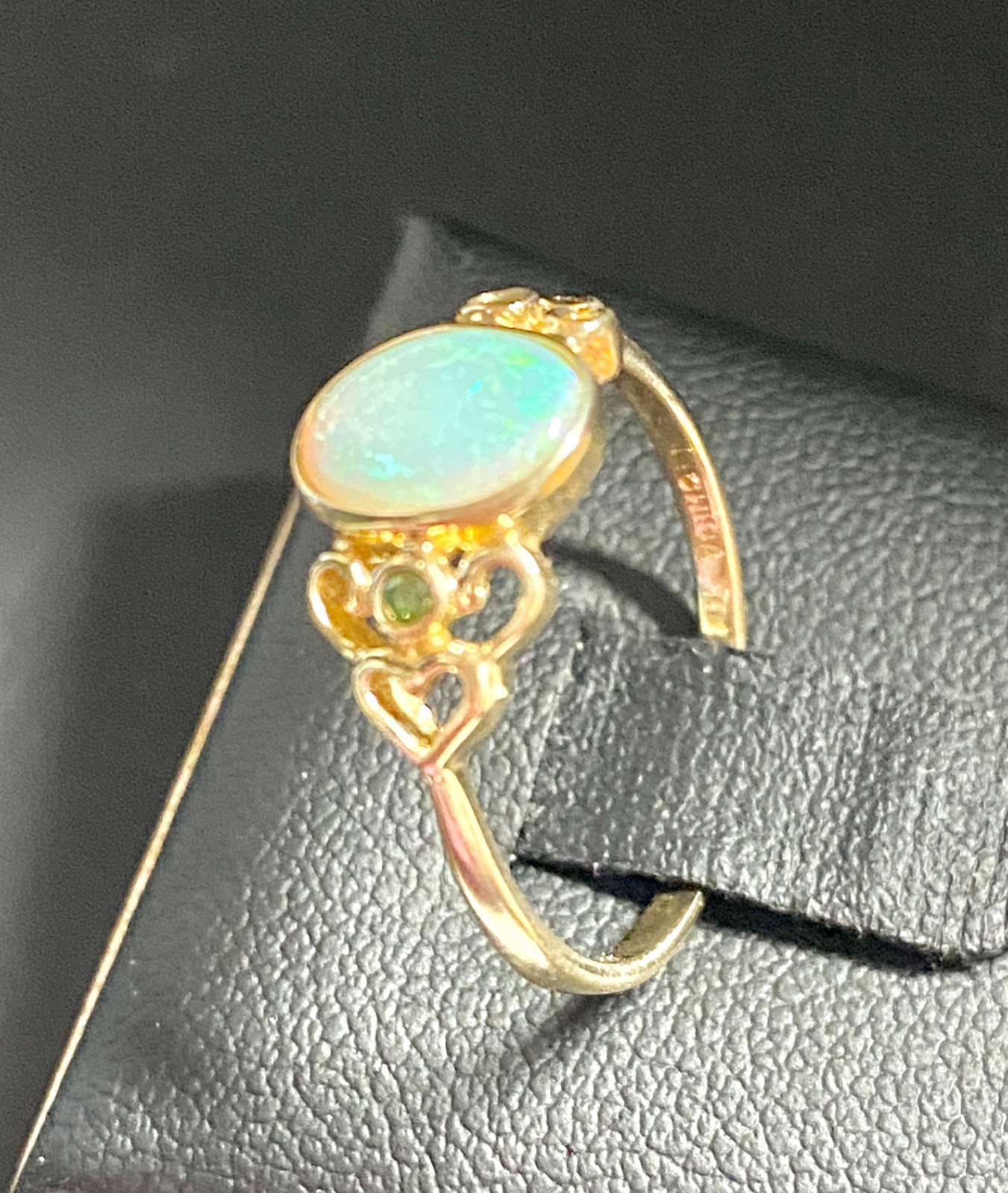 Vintage 14k Yellow Gold Heart Design Opal and Green Diamond Ring Size 7 to 7.25