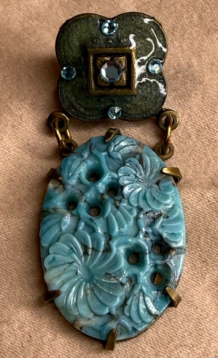 Vintage Glass Works Studio Carved Glass, Enamel , Crystals, Brass tone Earrings