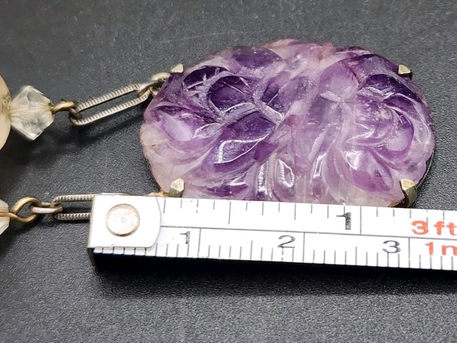 Antique Art Deco Chinese Carved Purple Amethyst Bead Necklace w/Carved Pendant
