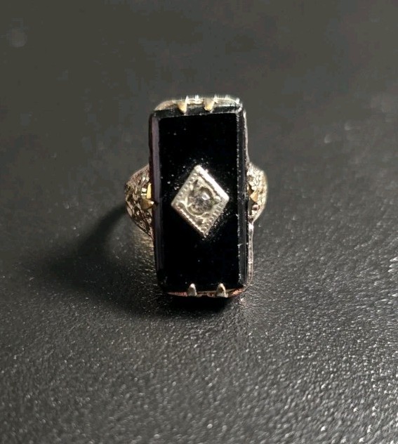 Antique Art Deco Czech Glass Rhodium Plate & Brass Ring