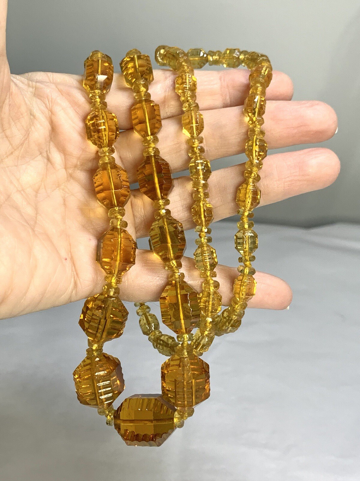 Vintage STUNNING Amber Czech Glass Lozenge Hand Knotted Beaded Necklace 36″ !