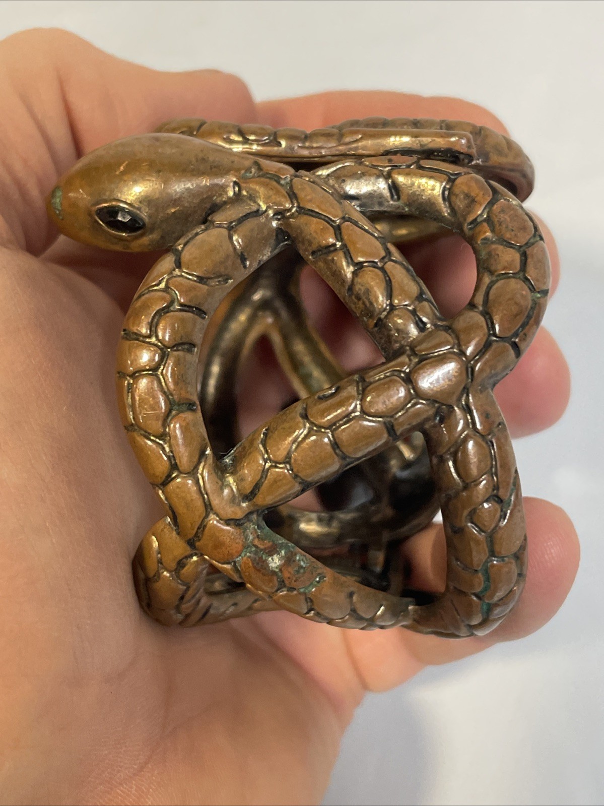 1970 – 1980 Copper Coiled Snake Biker Goth Western Hinged Bracelet Vtg Gem Eyes