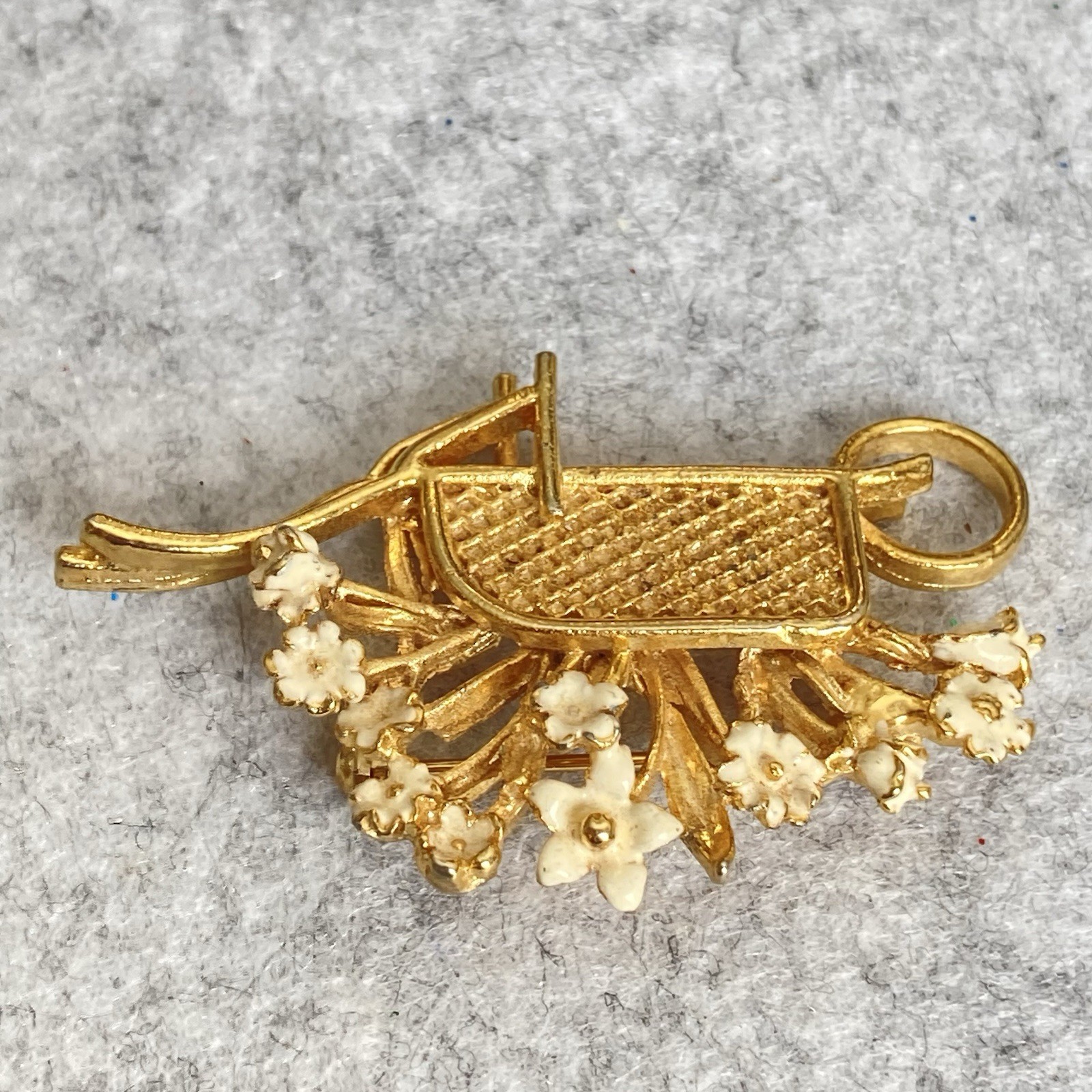 VTG Flower Basket & Wheelbarrow Brooch Lot of 2 Faux Pearls Enamel 1928 Brand