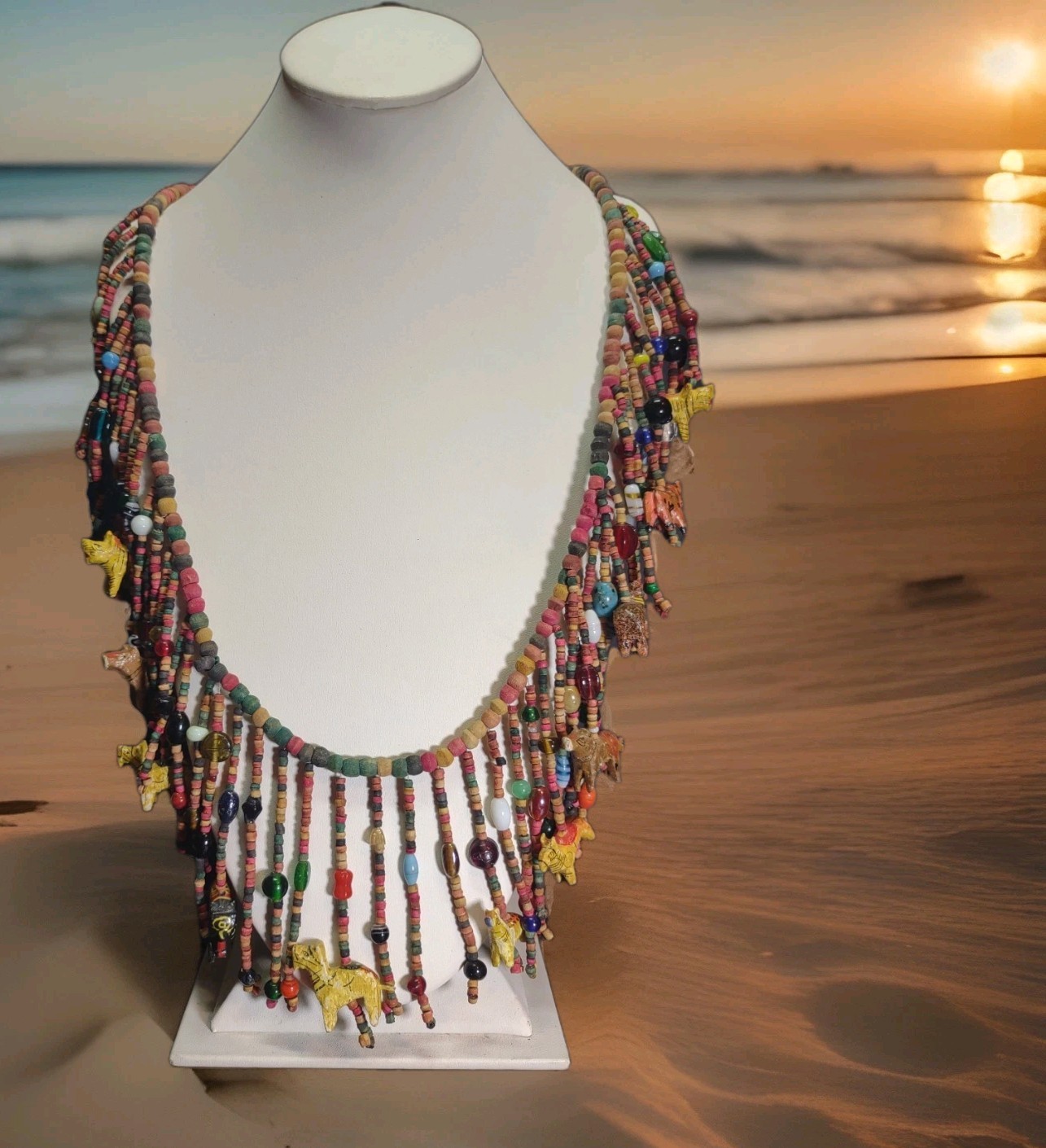 Vgt Africa Multi-Strand Drops Hand Carved Wood Animal Glass Beads Necklace Boho