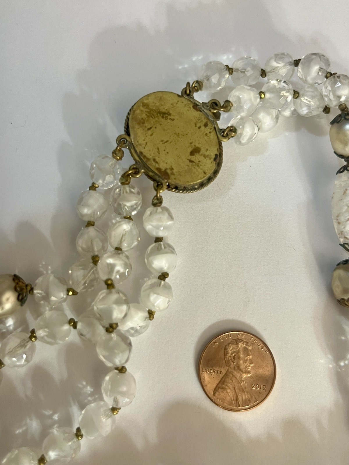 Vintage Foil Glass Necklace Murano Multistrand White Beaded Estate Jewelry Rare