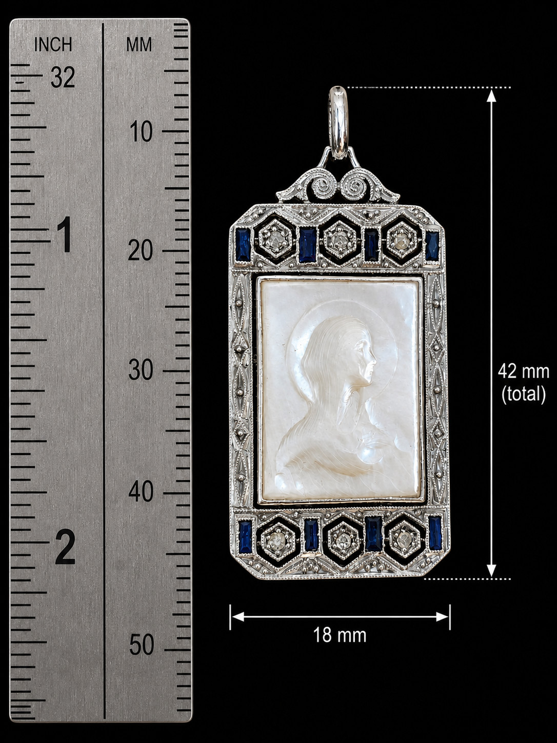 Antique Art Deco 18K Gold Religious Virgin Mary Pendant Diamonds Sapphires