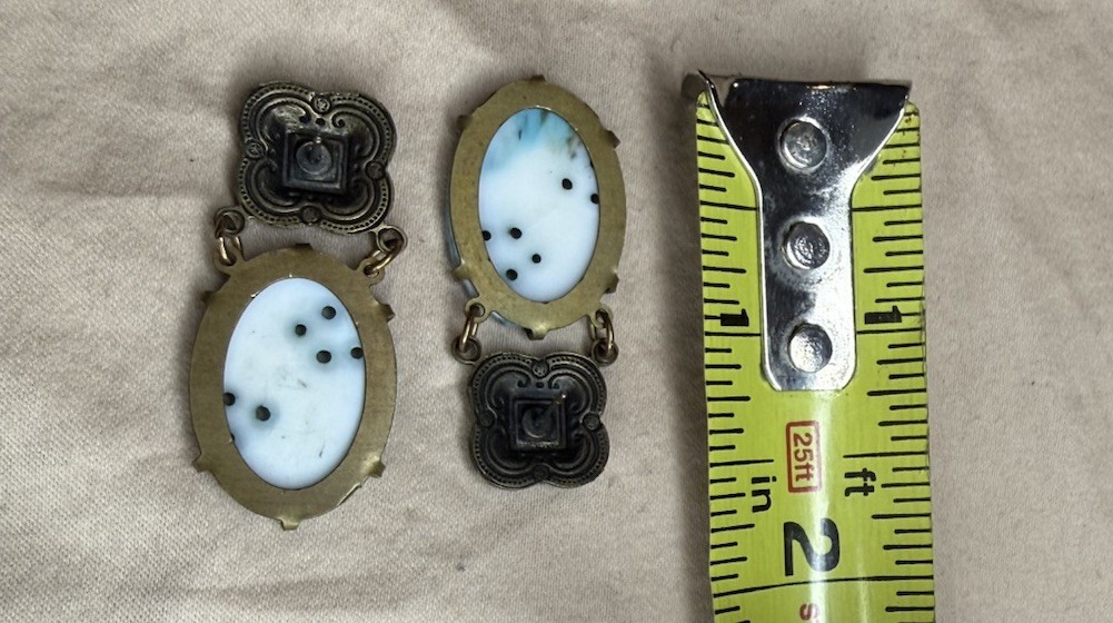 Vintage Glass Works Studio Carved Glass, Enamel , Crystals, Brass tone Earrings