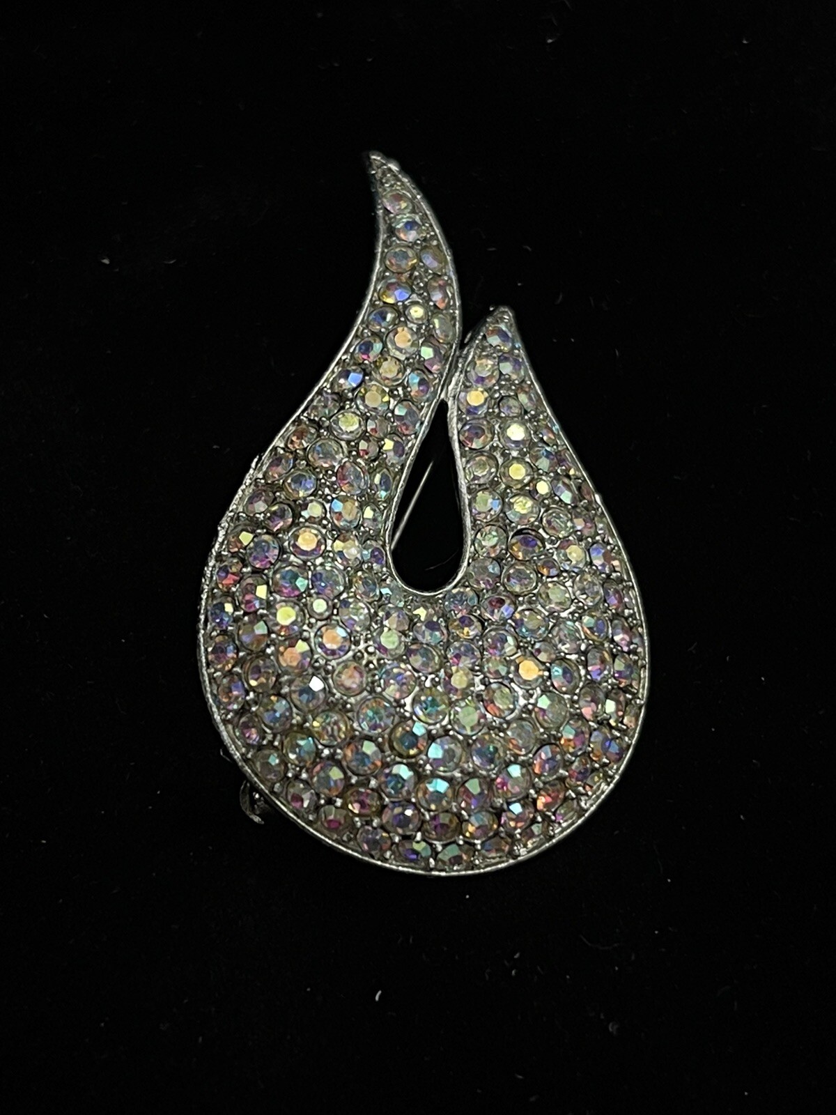 Vintage Leaf Brooch Wave Crystal Stones Silver Tone Metal