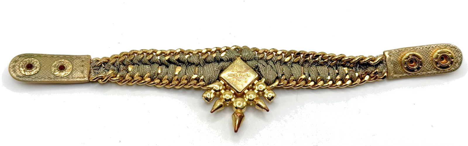 Henri Bendel Champagne Crystal Rhinestone Leather Gold Tone 3 D Snap Bracelet