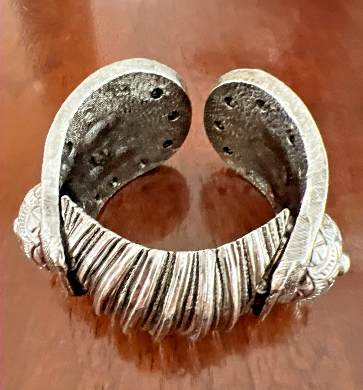 VINTAGE KENNETH JAY LANE KJL SILVER TONE ESTRUSCAN HINGED CUFF BRACELET