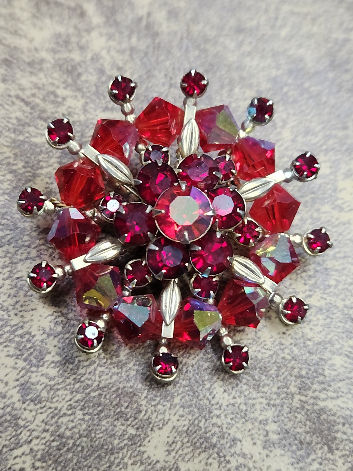 VTG Mid-Century Starburst Red Iridescent Rhinestone & Crystal Beads Brooch
