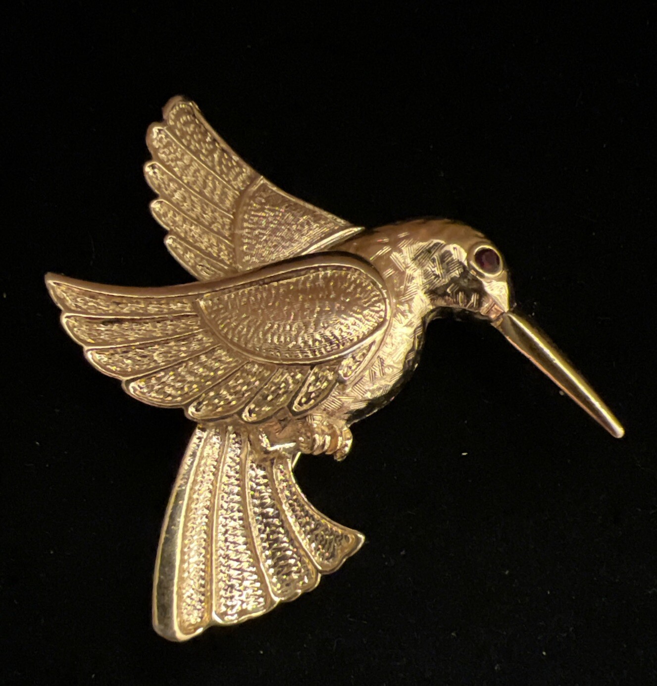 Vintage Hummingbird Brooch Gold tone Red Rhinestone Eye Approximately 2” L
