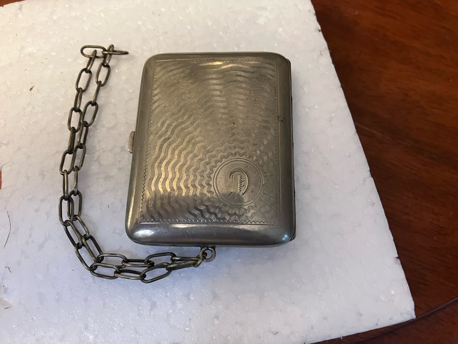 Antique Nickel Silver Clamshell Coin Case initial D Wristlet Bracelet ￼