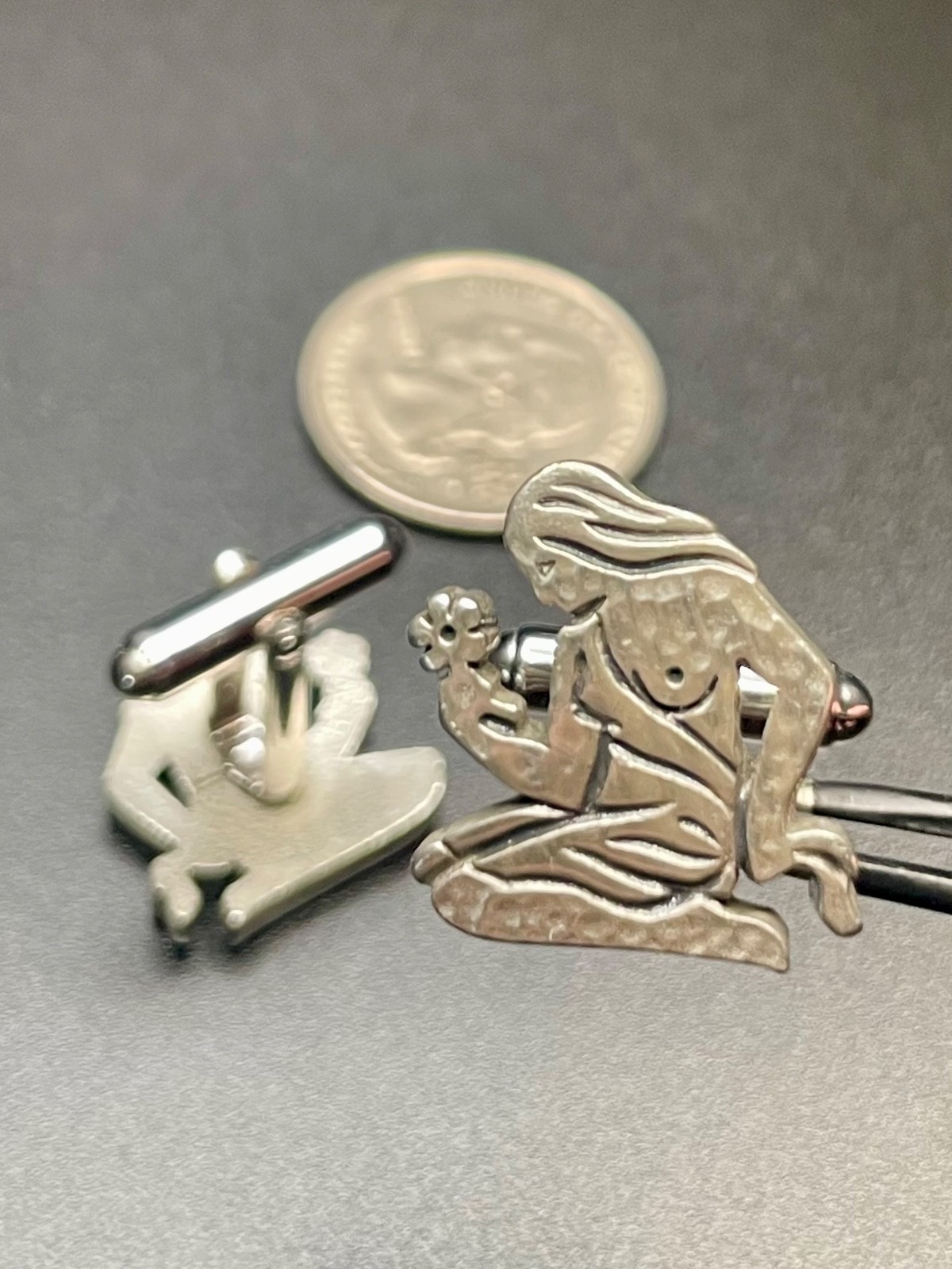 Vintage Art Deco Kneeling Siren Cufflinks Sculptural Novelty Silver Tone