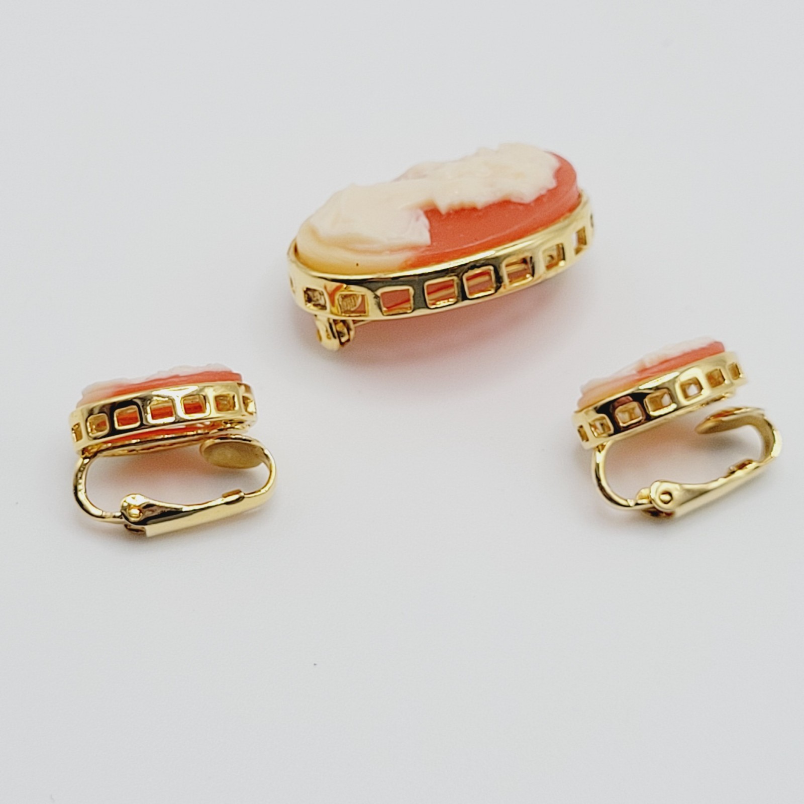 Cameo Set Resin Backed Gold Tone Open Works Frame Salmon Coral Color Revival