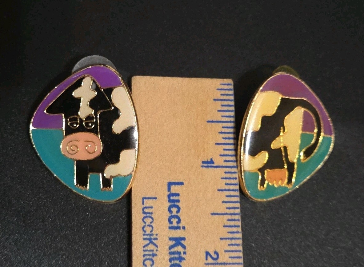 Whimsical Cow Stud Earrings Gold Tone Black Spotted Cow Resin Over Enamel