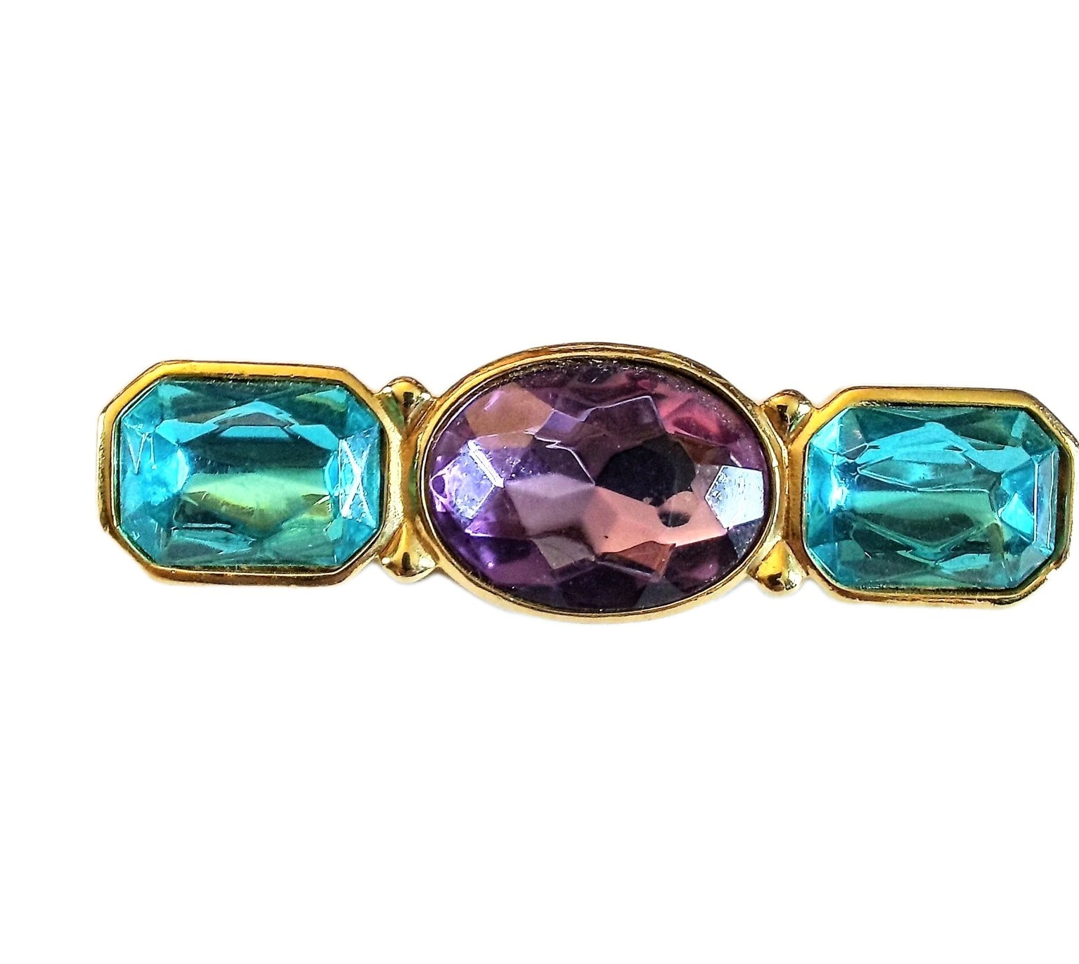 Trifari Gold Tone Blue And Purple Bar Brooch Vintage