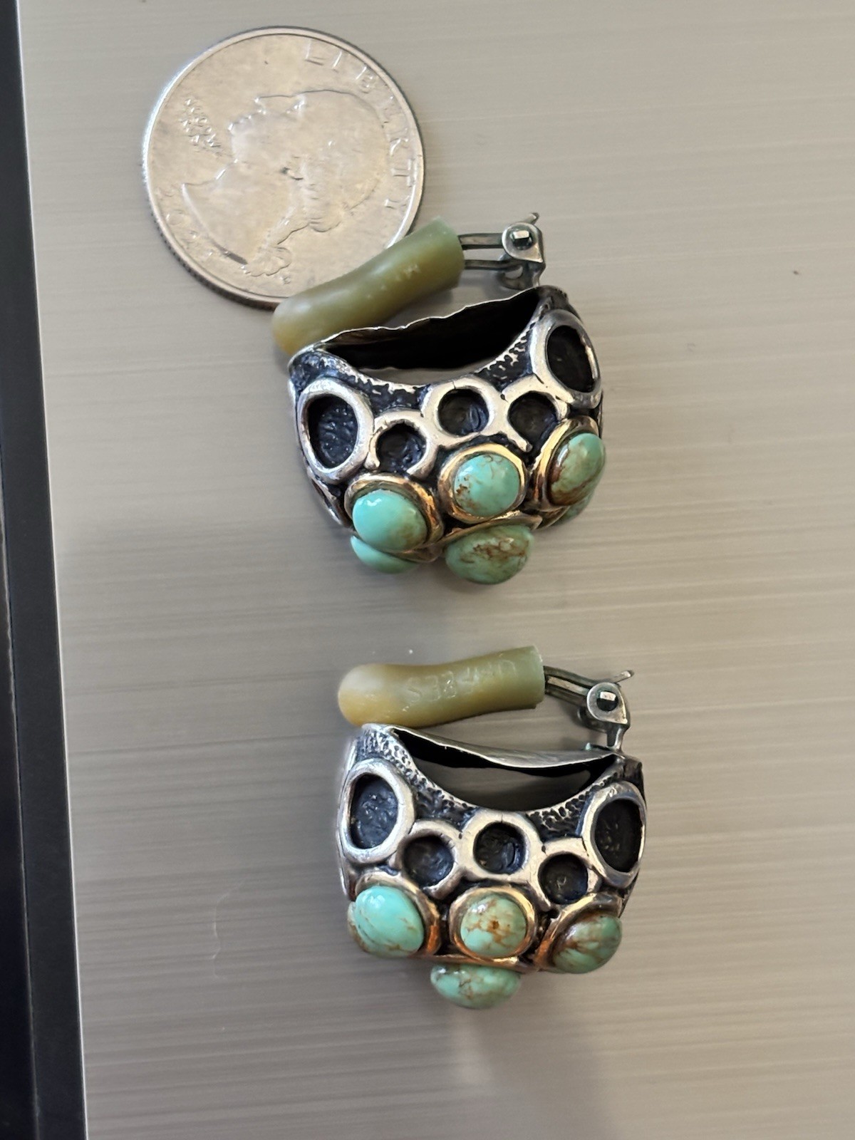 RARE DIAN MALOUF STERLING SILVER 14K Gold Turquoise Clipon Earrings 40 Grams