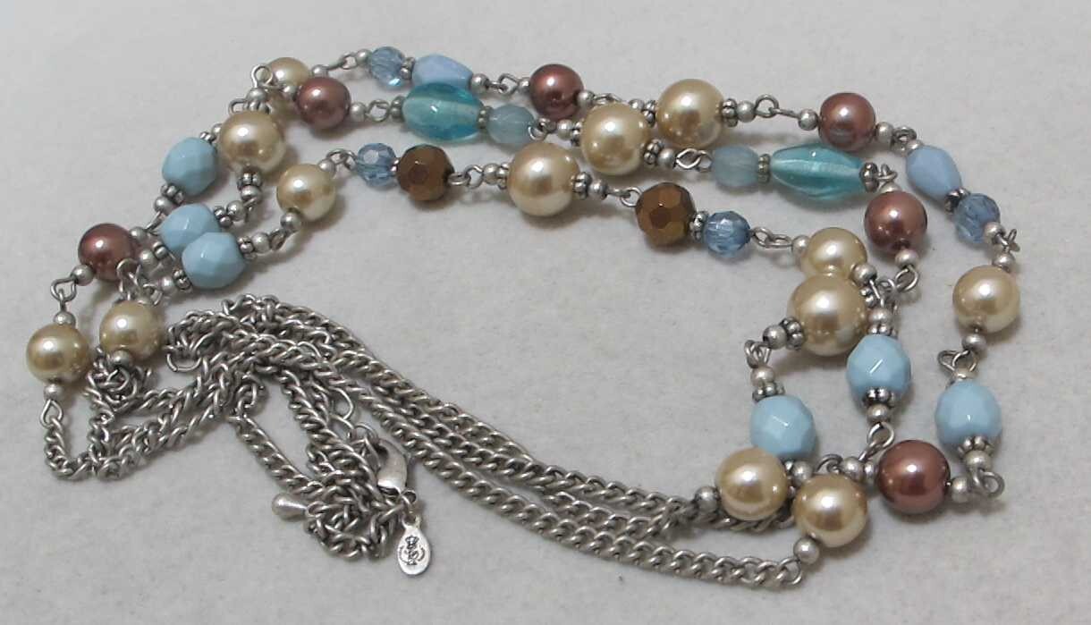 Vtg PREMIER DESIGNS 3-Strand White & Brown Faux Pearls Aqua Beads Necklace