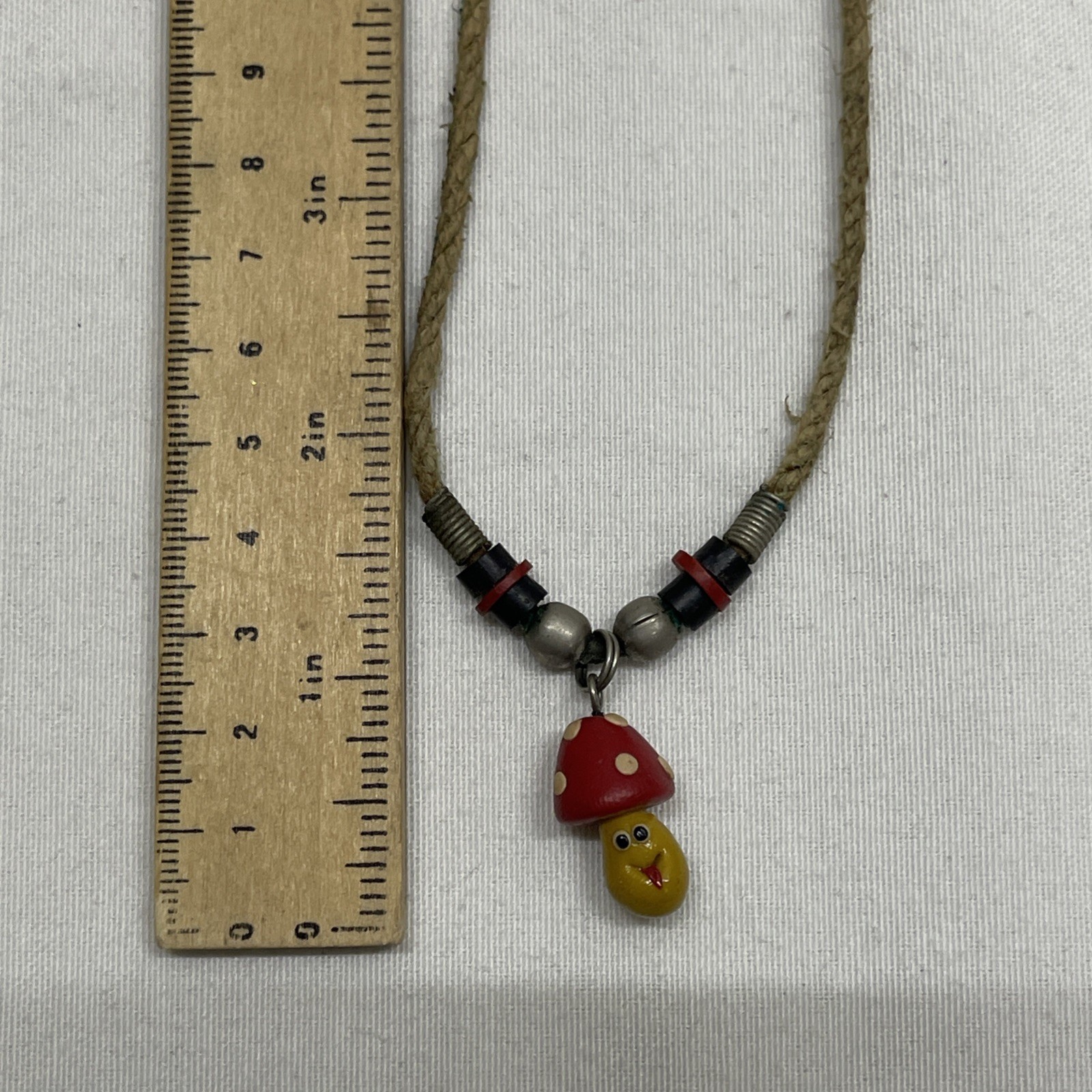 Vintage 17″ Hand Made Hemp Necklace With Shroom Mushroom Pendant Charm