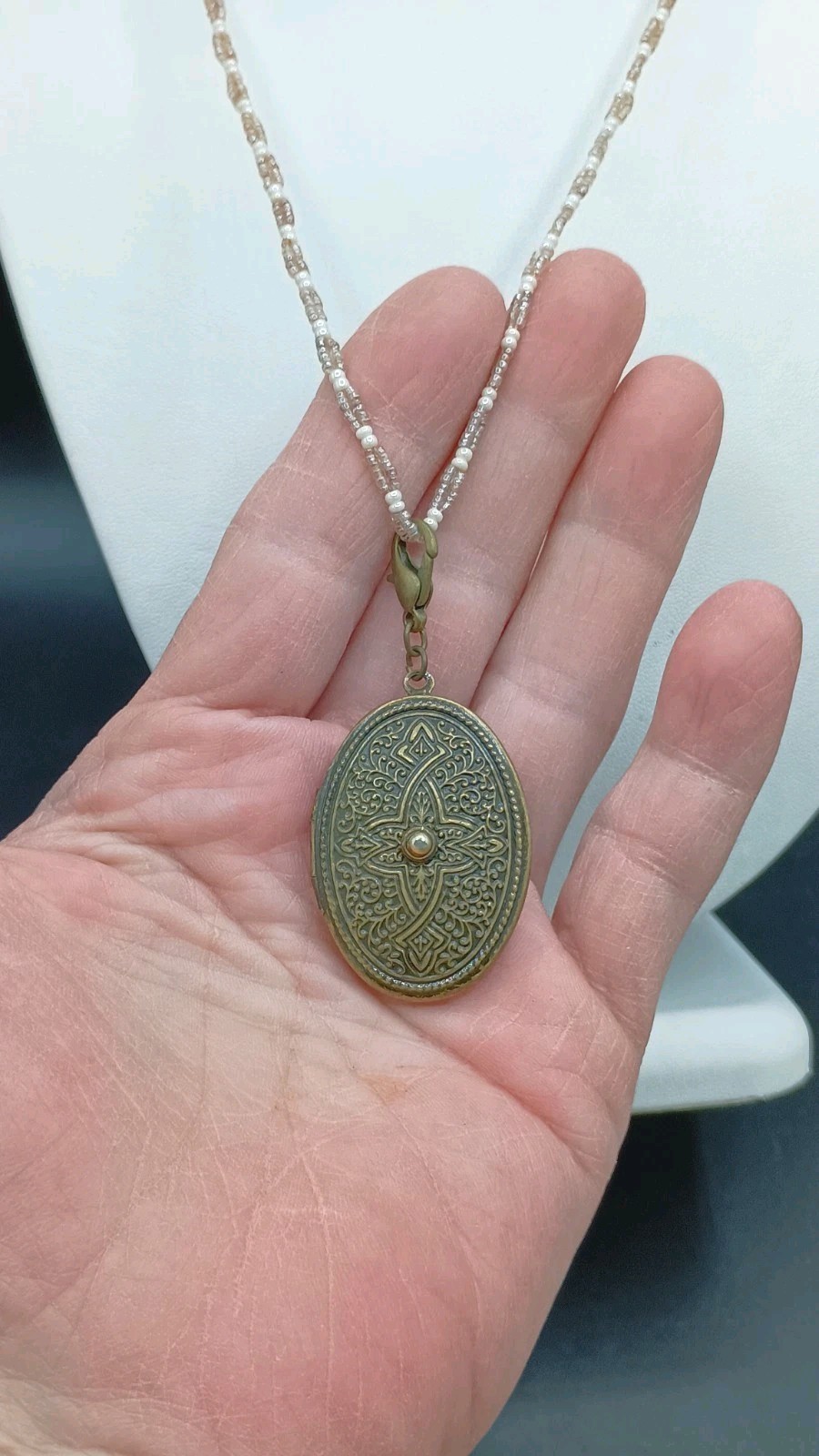 Vintage Coldwater Creek Celtic Cross Locket Necklace Seed Bead Faux Pearl