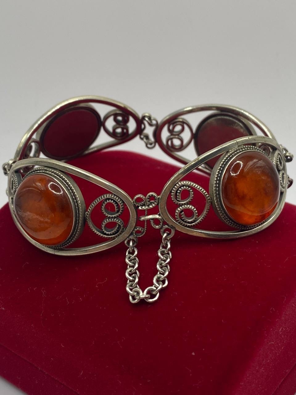 Antique Soviet filigree Chalcedony Silver Bracelet Hand Crafted