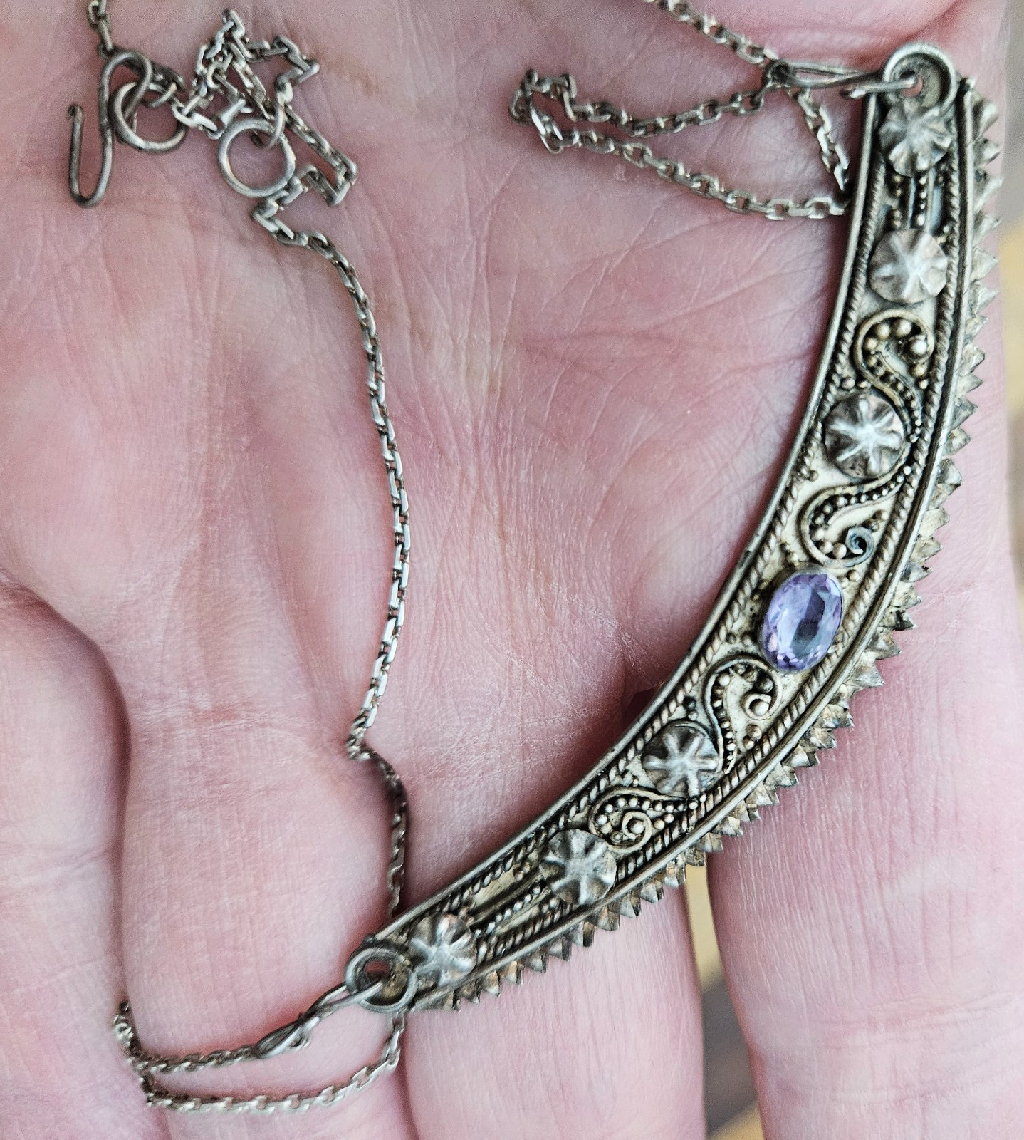 Vintage 925 Sterling Silver Amethyst Embellishments Crescent Necklace 16.5 in