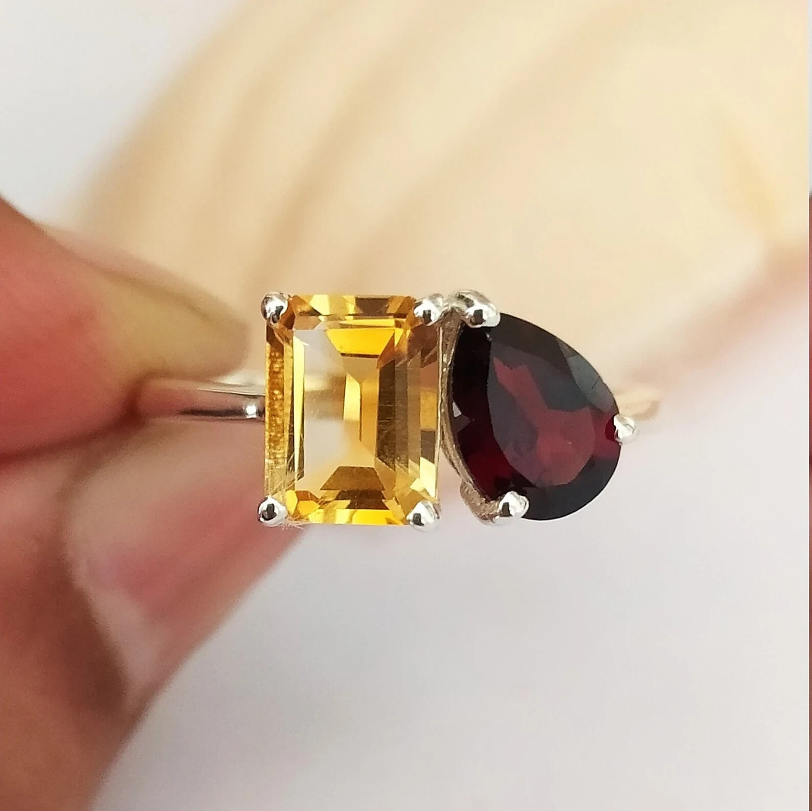 14K White Gold Plated Emerald and Pear Cut Lab Created Citrine & Garnet Ring