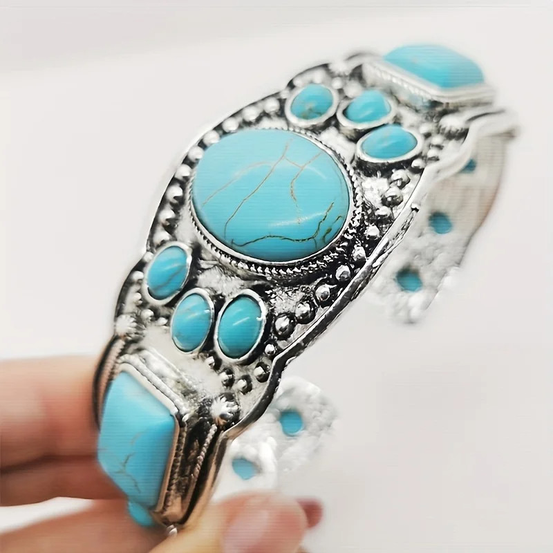 Women’s Vintage Bohemian Jewelry Cuff Bracelet with Faux Turquoise Opening