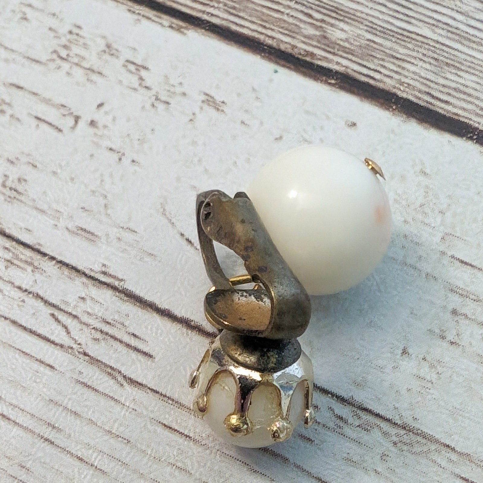 Vintage Clip On Earrings Ball Duo Dangle Off White with Pink Hues