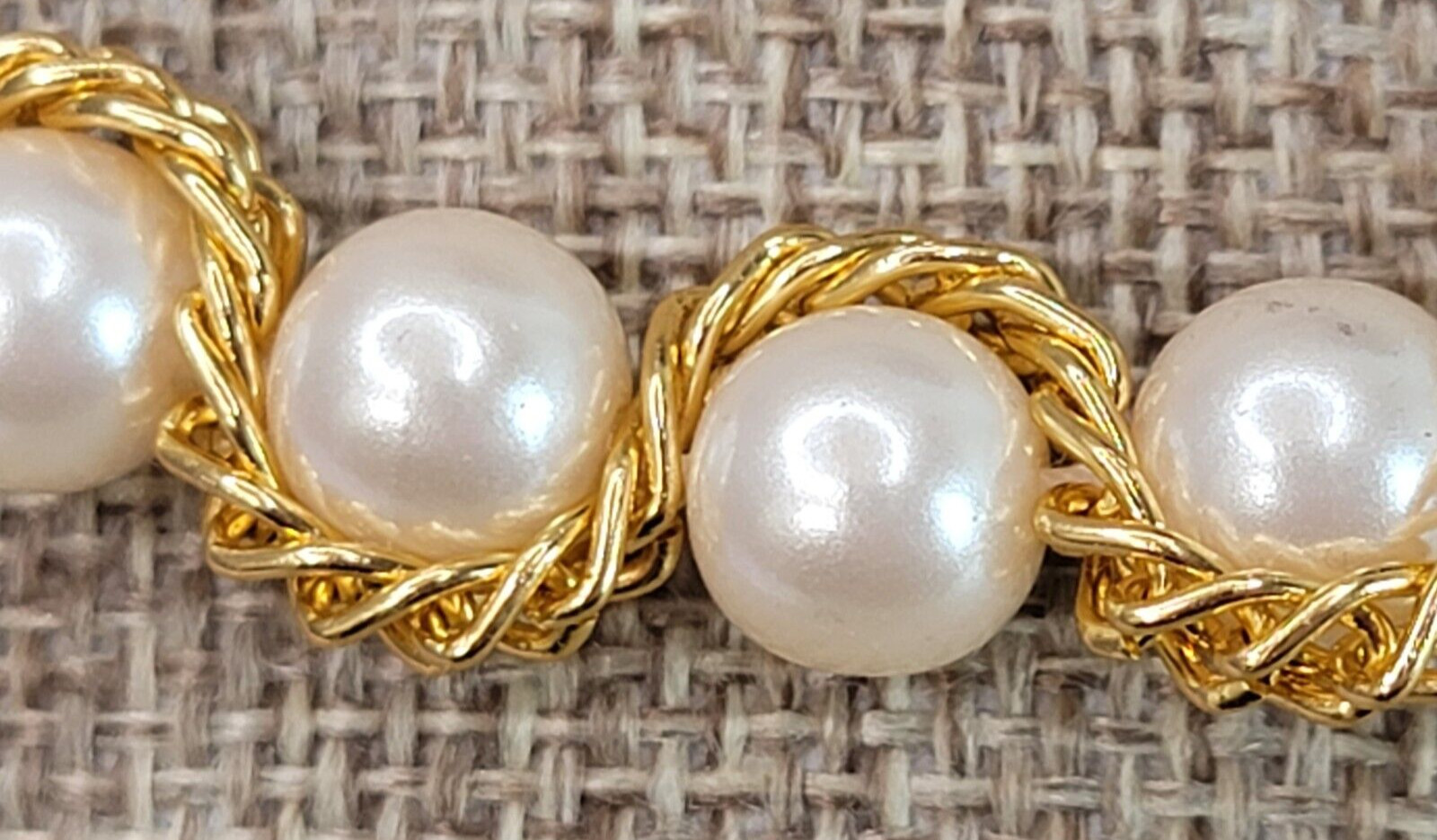Gold Tone Chain Wrapped Faux-Pearl Necklace 19 Inch Cream Color Hook Clasp