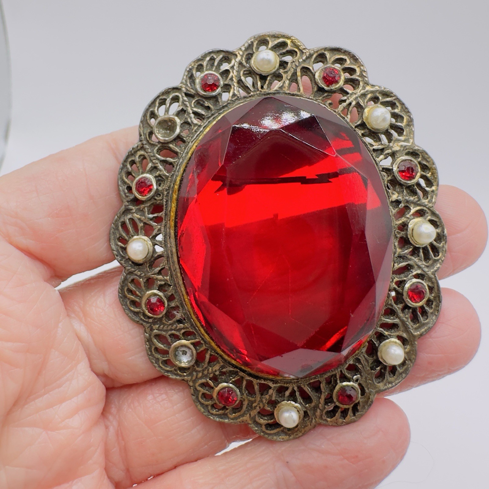 Vintage Red Glass Brooch Pendant Victorian Revival Antiqued Gold 2.75″ *READ*