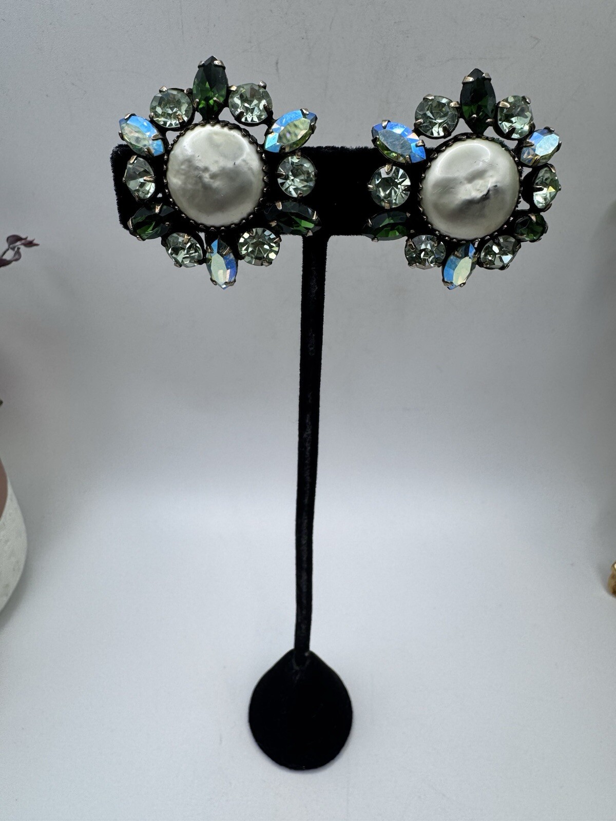 Antique Vintage Blue Rhinestone Clip On Earrings And Gray Baroque Faux Pearl