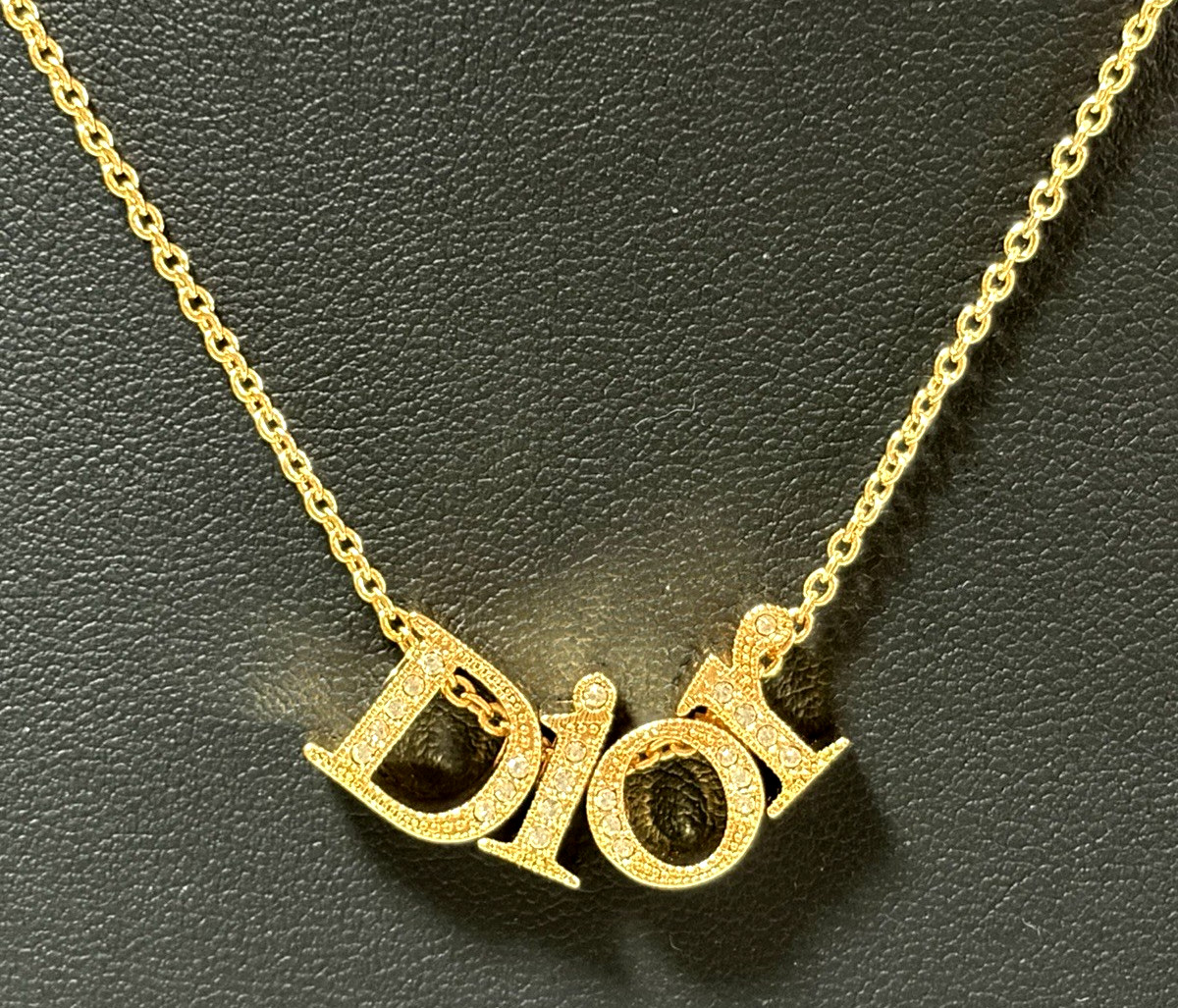 Christian Dior necklace pendant Features the DIOR logo rhinestones gold plating