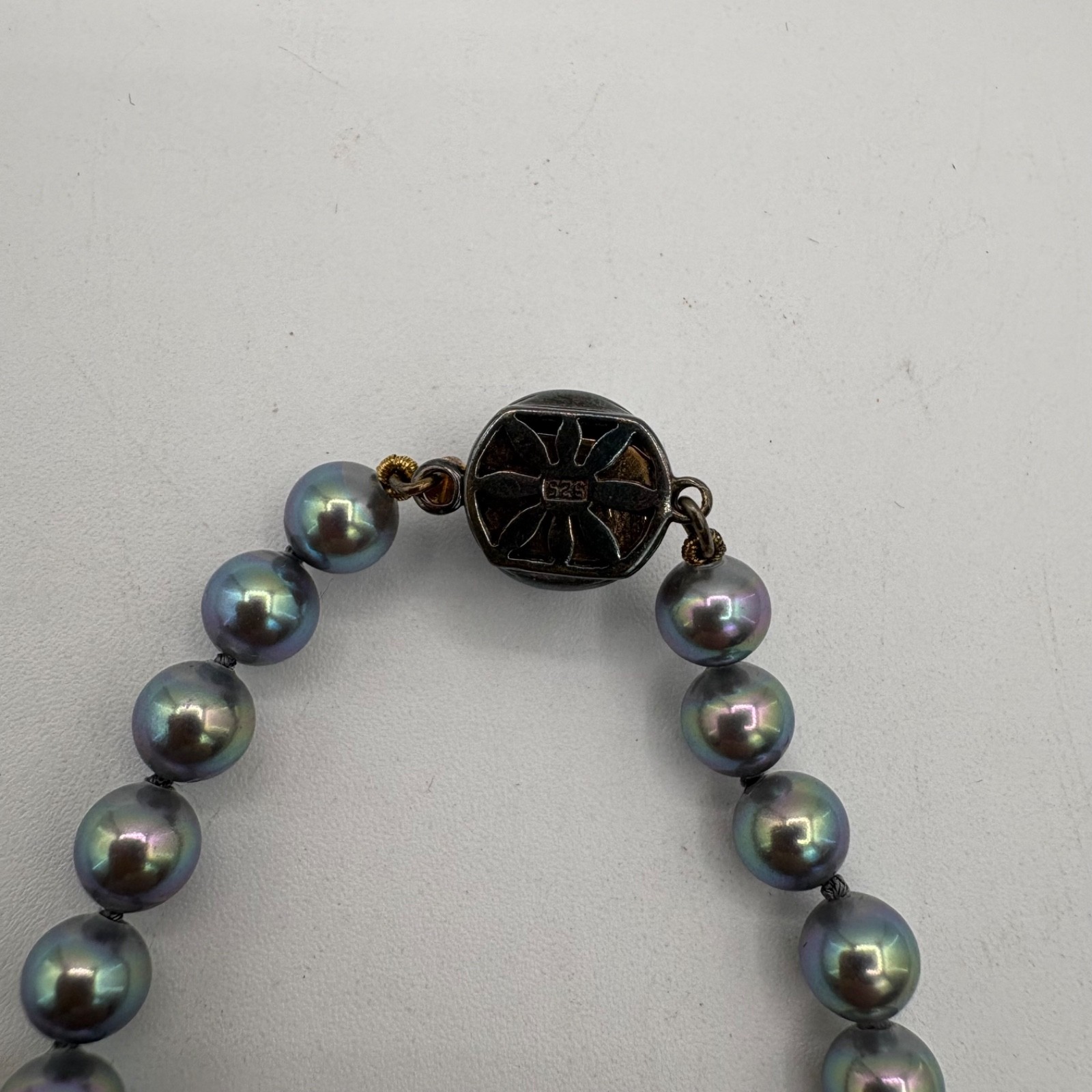 Vtg Hand Tied Tahitian Peacock Faux Pearl 16″ Necklace 925 Clasp