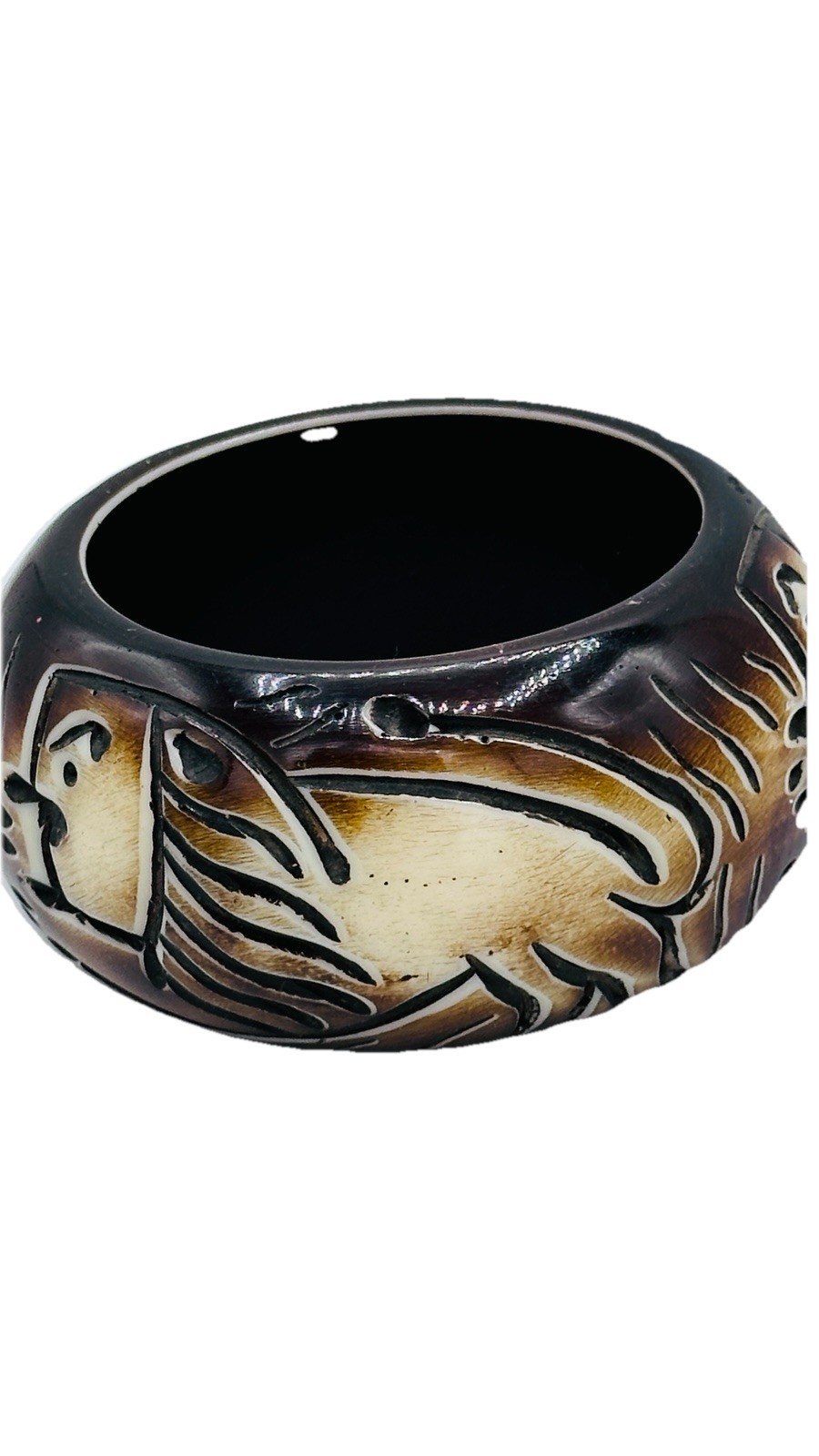 Vintage Wide Carved Bangle Bracelet Tribal Safari Animal Brown Cream Statemen