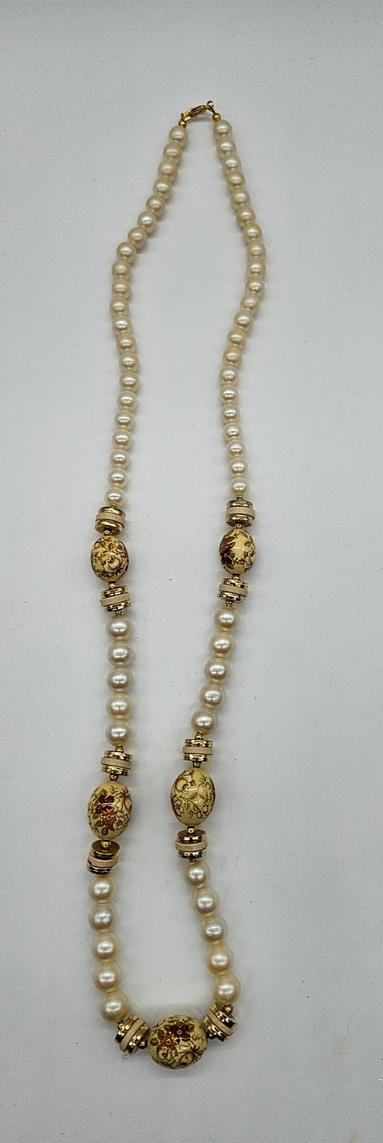 Vintage Japan Faux Pearl Painted Floral Flower Bead 26” Necklace