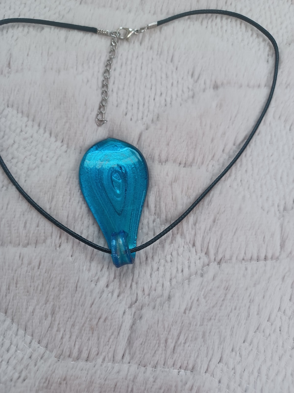Vintage 90s / 2000s Y2K Art Glass Blue Swirl Pendant On Black Cord Necklace