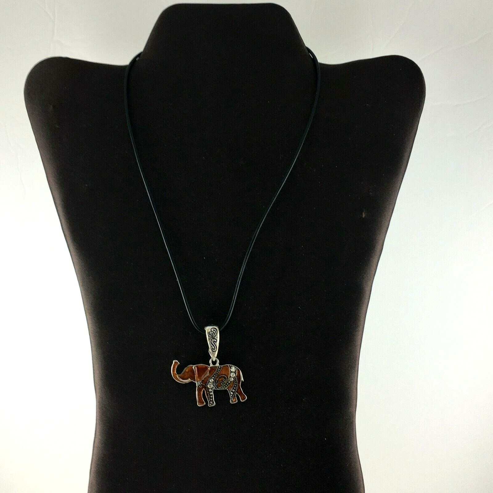 Elephant Enamel Silvertone Rhinestones Lobster Clasp Slide Black Cord Necklace