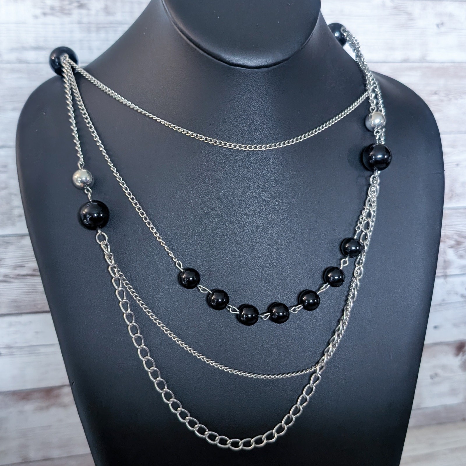 Vintage Necklace Layered Silver Tone with Black Accents Statement