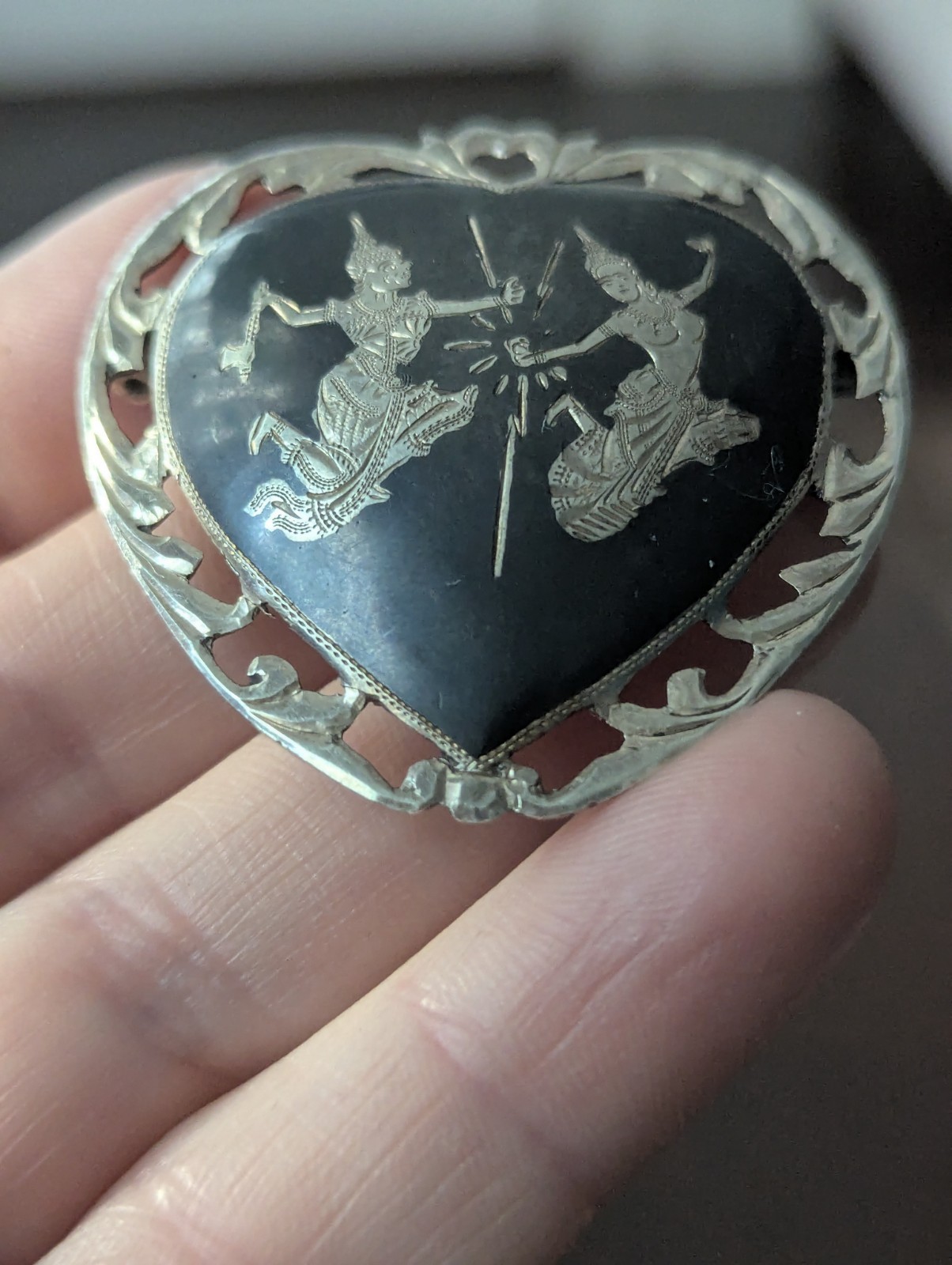 Vintage Siam Sterling Heart Black Niello Brooch Pin Lightning Goddess Love Art