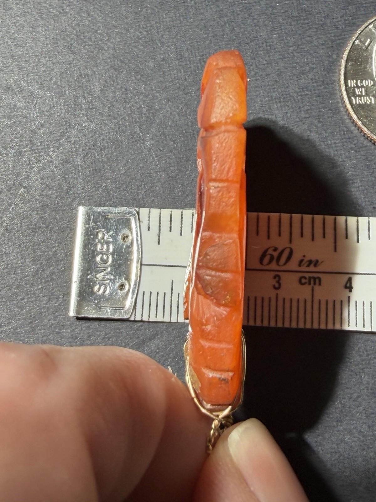 Vintage Carved Carnelian Stone Pendant 10k Solid Gold Wire Bail Old Repair