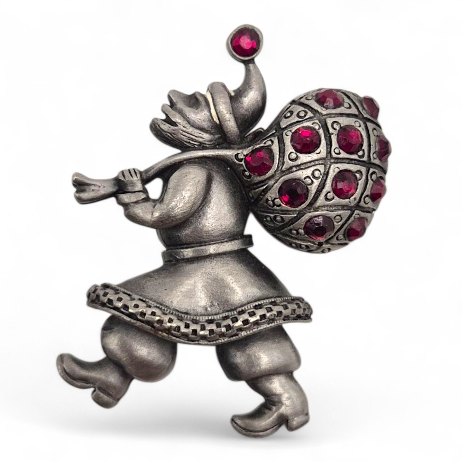 Vintage 1940’s Elf w/ Lattice Sack Brooch Red Rhinestones Pewter Look Metal