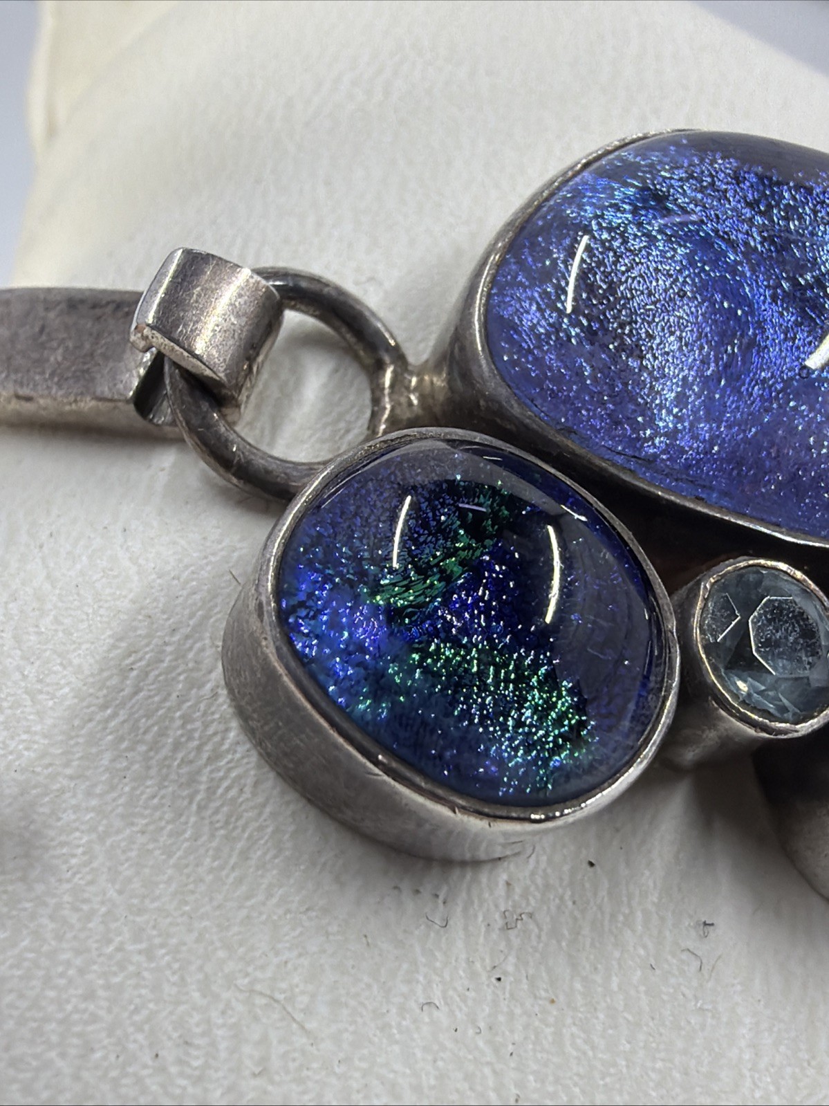 Artisan Sterling Silver 925 Dichroic Glass Bracelet Hook Closure Blue Green Pur