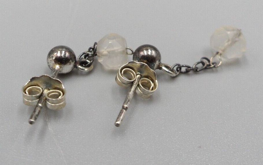 Dainty Chain Dangle Earrings 925 Silver Frosted Glass Bead 1.75″ Drop Minimalist