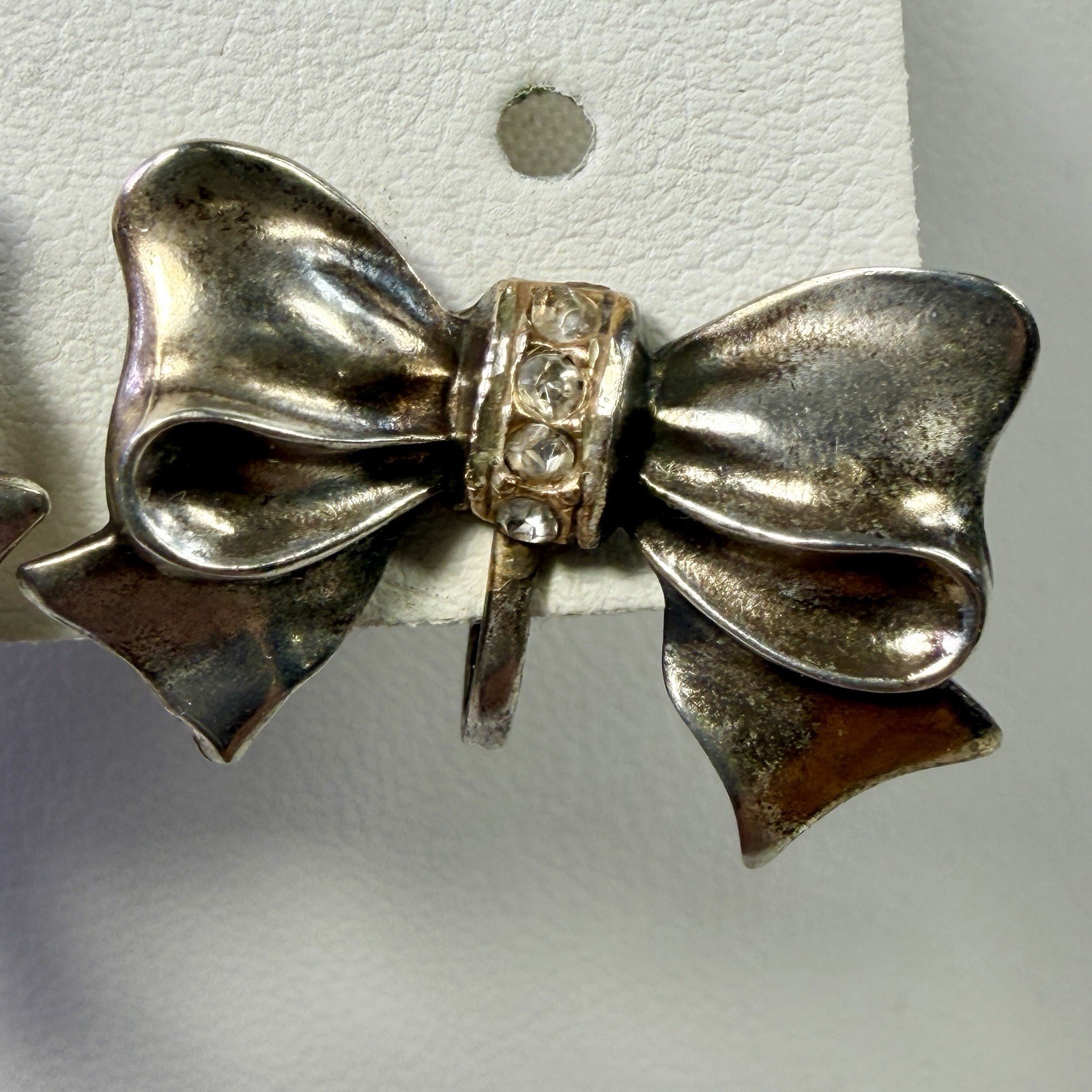 Vintage Sterling Silver Bow Ribbon Screw Back Earrings Rhinestone Accent 6.94g