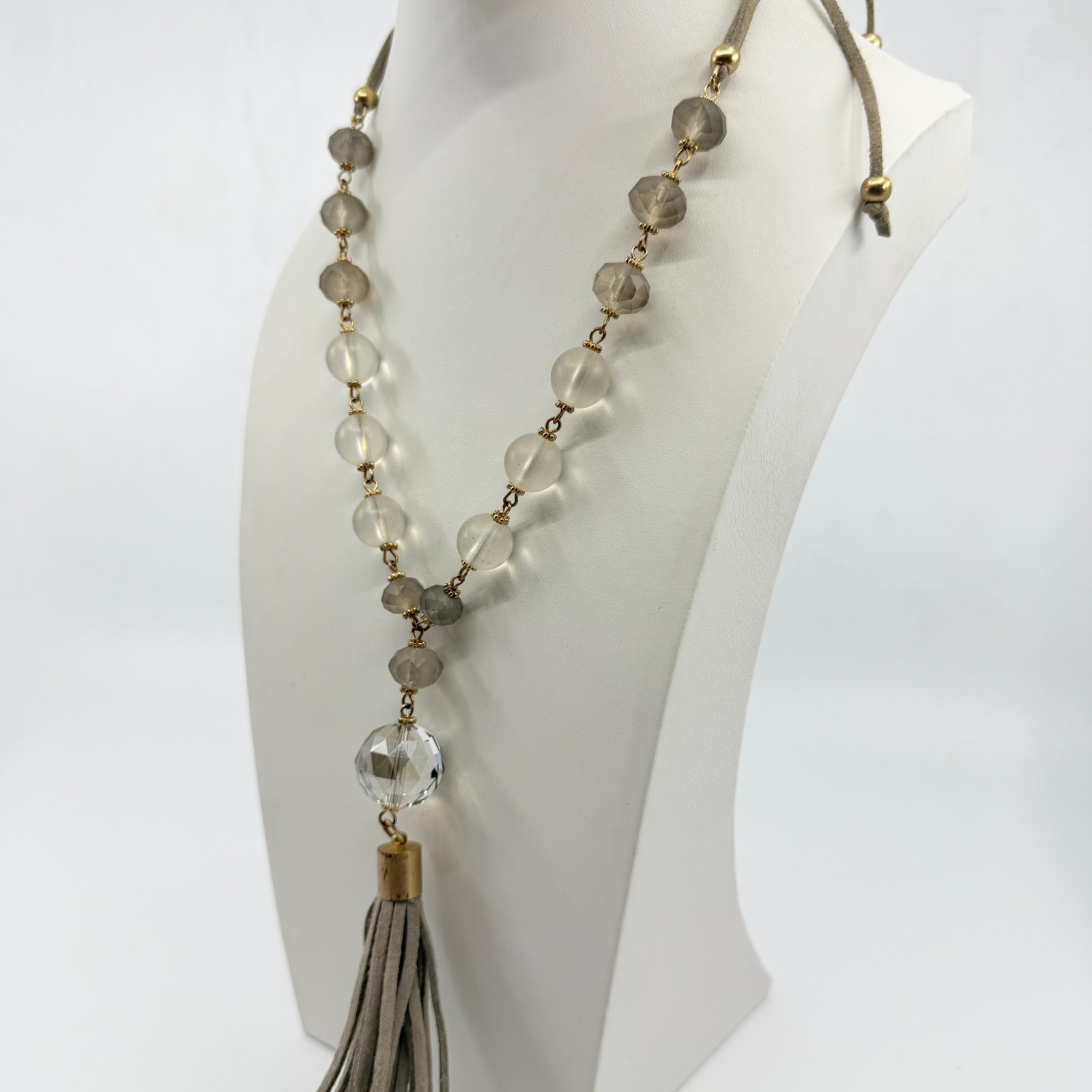 Vintage Boho Suede Tassel Pendant Necklace Gray Glass Beaded Long Statement